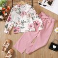 2pcs Kid Girl Floral Print Ruffle Collar Long-sleeve Tee and Belted Pants Set Pink image 1
