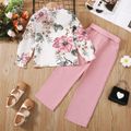 2pcs Kid Girl Floral Print Ruffle Collar Long-sleeve Tee and Belted Pants Set Pink image 2