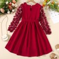 Kid Girl 3D Floral Design Mesh Sleeve Belted Dress Red image 5