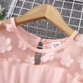 Kid Girl 3D Floral Design Mesh Sleeve Belted Dress Light Pink image 2