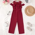 2pcs Kid Girl Lace Splice Flounce Sleeveless Jumpsuits & Belt Red image 3