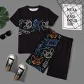 2pcs Kid Boy Game Console Print Short-sleeve Tee and Elasticized Shorts Set Black image 1