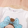 2pcs Kid Girl Figure Print Ruffled Short-sleeve Tee and Polka dots Denim Shorts Set White image 3
