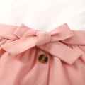 2pcs Kid Girl Flutter-sleeve Ribbed Tee and Button Design Belted Skirt Set Pink image 3