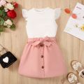 2pcs Kid Girl Flutter-sleeve Ribbed Tee and Button Design Belted Skirt Set Pink image 1