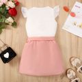 2pcs Kid Girl Flutter-sleeve Ribbed Tee and Button Design Belted Skirt Set Pink image 5