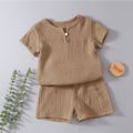 2pcs Toddler Boy/Girl Casual Solid Color Crepe Tee and Shorts Set Coffee image 1