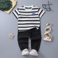 2pcs Toddler Boy Trendy Black Denim Jeans and Stripe Tee Set BlackandWhite