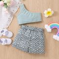 2pcs Baby Girl 100% Cotton Rib Knit One Shoulder Tank Crop Top and Allover Print Shorts Set Green image 2