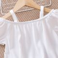2pcs Toddler Girl Off Shoulder White Strap Tee and Stripe Belted Shorts Set Color block