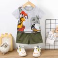 2pcs Baby Boy 100% Cotton Solid Shorts and Allover Animal Print Short-sleeve T-shirt Set Lightgrey image 1