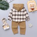 2pcs Baby Boy 95% Cotton Solid Pants and Hooded Long-sleeve Plaid Shirt Set Brown image 2