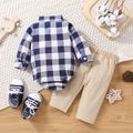 2pcs Baby Boy 100% Cotton Pants and Long-sleeve Button Up Plaid Shirt Romper Set Blue image 2