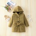 Toddler Boy/Girl Casual Solid Color Belted Hooded Blend Coat Khaki