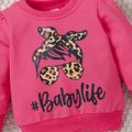 100% Cotton Baby Girl Leopard Figure & Letter Print Puff-sleeve Sweatshirt Hot Pink image 4