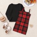 2pcs Toddler Girl Trendy Plaid Cami Dress and Black Tee Set Black image 3