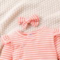 2pcs Baby Girl Pinstriped Ribbed Ruffle Long-sleeve Button Jumpsuit & Headband Set Coral image 3