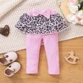 Baby Girl Layered Leopard Print Ruffle Trim Spliced Rib Knit Bow Front Leggings Pink