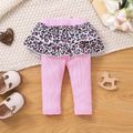 Baby Girl Layered Leopard Print Ruffle Trim Spliced Rib Knit Bow Front Leggings Pink image 3