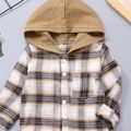 2pcs Baby Boy 95% Cotton Solid Pants and Hooded Long-sleeve Plaid Shirt Set Brown image 3