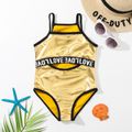 Toddler Girl Letter Print Cut Out Onepiece Slip Swimsuit Gold