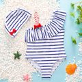 2pcs Toddler Girl Sweet Stripe Flounce Sleeveless Onepiece Swimsuit and Cap Set BLUE WHITE image 1
