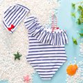 2pcs Toddler Girl Sweet Stripe Flounce Sleeveless Onepiece Swimsuit and Cap Set BLUE WHITE image 2