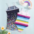 2Pcs Kid Girl Unicorn & Stripe Print Sleeveless Onepiece Swimsuit with Rainbow Polka Dots Print Mesh Cover Up Multi-color image 5