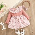 2pcs Pink Floral Print Ruffle Splicing Knitted Long-sleeve Baby Dress Set Pink