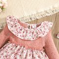 2pcs Pink Floral Print Ruffle Splicing Knitted Long-sleeve Baby Dress Set Pink