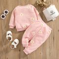 2pcs Baby Daisy Floral Embroidered Pink Fleece Long-sleeve Pullover and Trousers Set Pink
