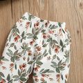2pcs Baby 95% Cotton Ruffle Long-sleeve Bowknot Top and All Over Leaves Print Trousers Set Dark Green