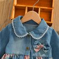 100% Cotton Floral Print Denim Doll Collar Bowknot Long-sleeve Baby Dress Bluish Grey