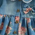 100% Cotton Floral Print Denim Doll Collar Bowknot Long-sleeve Baby Dress Bluish Grey