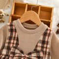 100% Cotton 2pcs Baby Brown Knitted Long-sleeve Splicing Plaid Dress Set Brown