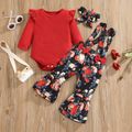 3-piece Baby Girl Ruffled Long-sleeve Red Romper, Bowknot Design Floral Print Overalls and Headband Set Red