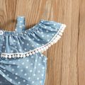 100% Cotton 2pcs Baby Girl Polka Dots Cold Shoulder Ruffle Sleeveless Crop Top and Solid Pants Set Blue