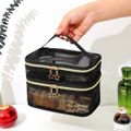 Double Layer Travel Makeup Bag Letter Graphic Portable Large Capacity Mesh Cosmetic Bag Black image 4