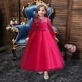 Kid Girl Bowknot Design Lace Mesh Long-sleeve Princess Costume Party Tulle Dress Hot Pink