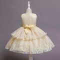 Toddler Girl Floral Pattern Bowknot Lace Design Sleeveless Layered Princess Party Dress Beige