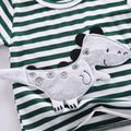 2pcs Baby Boy Cartoon Dinosaur Design Striped Short-sleeve T-shirt and Solid Shorts Set Green