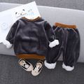2pcs Baby Boy 95% Cotton Long-sleeve Cartoon Bear Pattern Thickened Fleece Lined Pullover and Trousers Set Grey