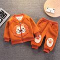 2pcs Baby Boy/Girl Lion Design Thickened Thermal Lined Velvet Long-sleeve Zipper Coat and Sweatpants Set Brown image 1