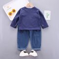 2pcs Toddler Boy Trendy Ripped Denim Jeans and Zipper Pocket Design Sweatshirt Set Deep Blue image 2