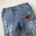 2pcs Baby Red Bell Sleeve Loose-fit Top and Floral Embroidered Ripped Denim Jeans Set Red image 5