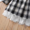 Toddler Girl 100% Ruffled Schiffy Design Plaid Lace Hem Button Design Long-sleeve Dress Black/White