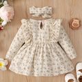 100% Cotton Crepe 2pcs Baby Girl Floral Print Bowknot Ruffle Long-sleeve Dress with Headband Set Beige