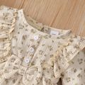 100% Cotton Crepe 2pcs Baby Girl Floral Print Bowknot Ruffle Long-sleeve Dress with Headband Set Beige