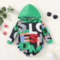 Baby Boy All Over Colorful Letter Print Long-sleeve Hooded Romper Green