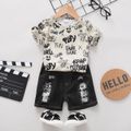 2pcs Toddler Boy Trendy Ripped Denim Shorts & Letter Print Tee Set Beige image 2